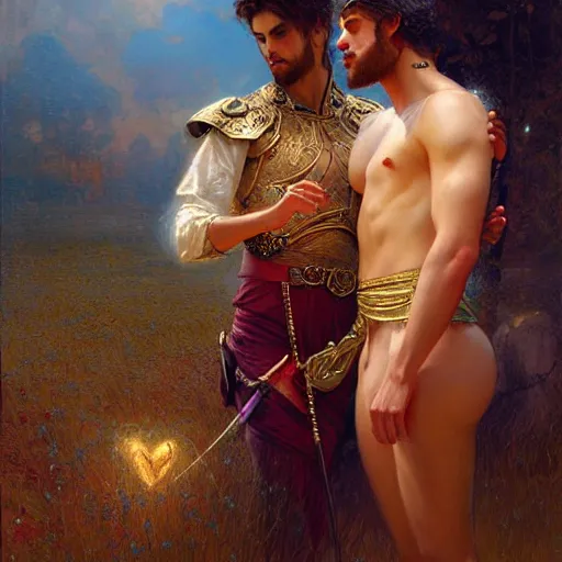 Image similar to attractive fully clothed king confesses his love for his attractive fully clothed male prince. highly detailed painting by gaston bussiere, tom bagshaw, craig mullins