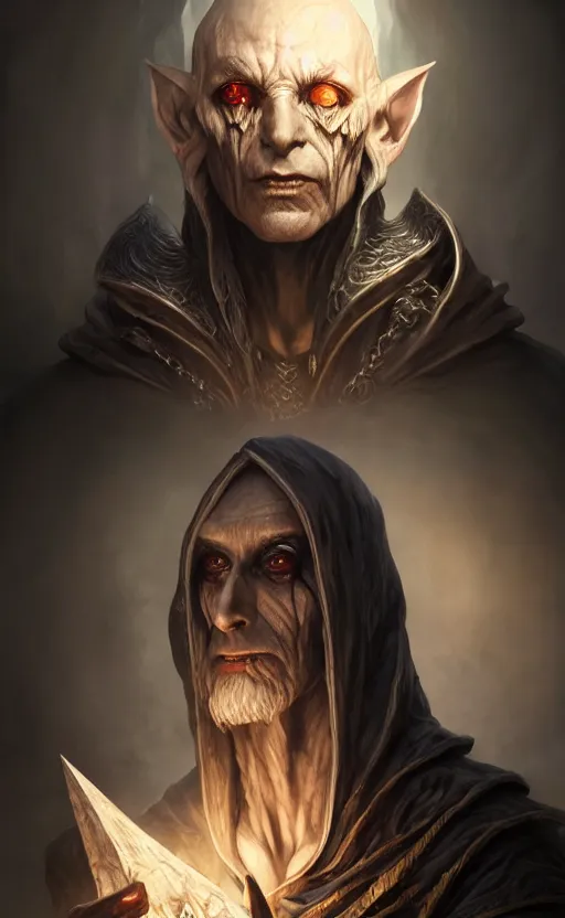 Image similar to legendary creepy dark elf wizard, highly detailed, d & d, fantasy, highly detailed, digital painting, trending on artstation, concept art, sharp focus, illustration, global illumination, ray tracing, realistic shaded, art by artgerm and greg rutkowski and fuji choko and viktoria gavrilenko and hoang lap