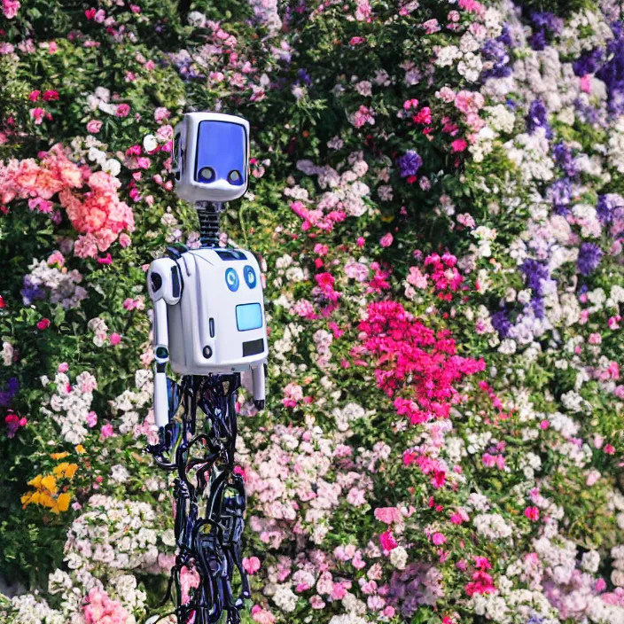 Prompt: a robot wearing a cloak made of flowers, by Omar Z. Robles, CANON Eos C300, ƒ1.8, 35mm, 8K, medium-format print