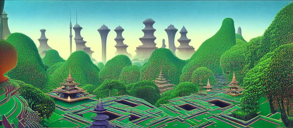 Image similar to huge gargantuan angular dimension of pagoda liminal spaces, temples by escher and ricardo bofill. utopian singaporean landscape by roger dean. magical realism, surrealism, lush sakura trees, waterfalls, thunder, lightning, cyberpunk, shot from below, epic scale