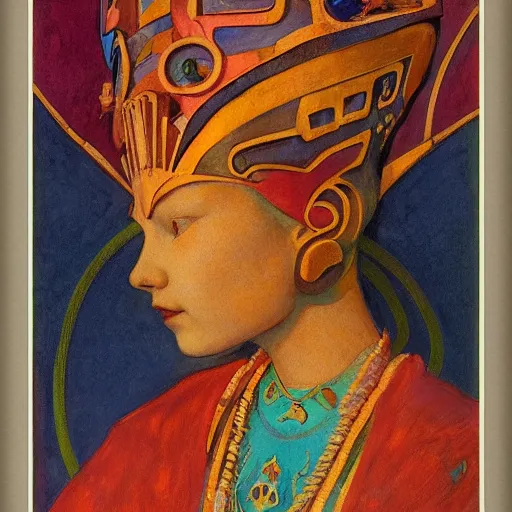 Image similar to the little robot queen in her regalia, by annie swynnerton and diego rivera and nicholas roerich, symbolist, dramatic lighting, elaborate geometric ornament, smooth, sharp focus, extremely detailed, leo and diane dillon, adolf wolfli, soft pastel colors