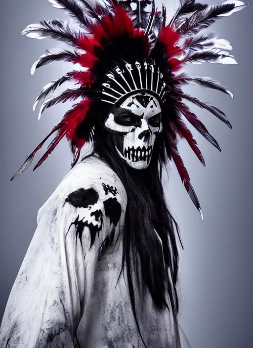 Image similar to the ghost - spirit of the grim - warpaint wears the scarlet skull armor and native blood headdress feathers, midnight fog - mist!, realism, cinematic lighting, various refining methods, micro macro autofocus, ultra definition, award winning photo