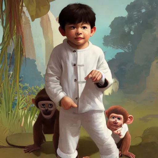 Prompt: young boy wearing white fabric pajama with cartoon paintings on it standing infront of a small furry smiling monkey. highly detailed, digital painting, artstation, concept art, smooth and sharp focus, cg by tian zi and wlop and alphonse mucha