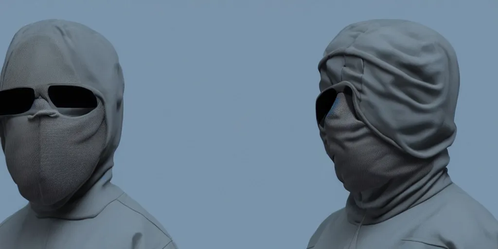 Image similar to kanye west wearing a full face - covering black mask, a small, tight, children size reflective baby blue puffer jacket made of nylon, gray jeans pants and big black rubber boots in 3 d, blender, octane render, 3 d render, realistic, unreal engine, studio light, 4 k, 8 k