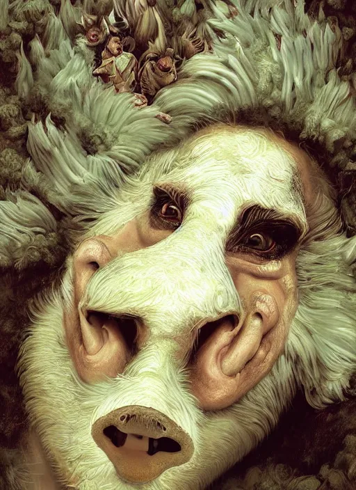 Prompt: a hyper detailed painting of an anthropomorphic joaquin phoenix, cow horns, pig nose, sheep wool, chicken feathers, horror, by anna podedworna, by miklos ligeti, by diego maricato, by taran fiddler, by antonino truisi, by chris reddie, by jinsung lim, on artstation