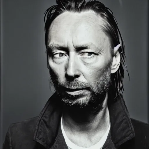 Image similar to Thom Yorke, a man with a beard and a black jacket, a portrait by John E. Berninger, dribble, neo-expressionism, uhd image, studio portrait, 1990s