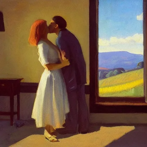 Image similar to a couple kissing, behind them is a window that shows a hilly landscape with vineyards, morning light, dreamy, hopper