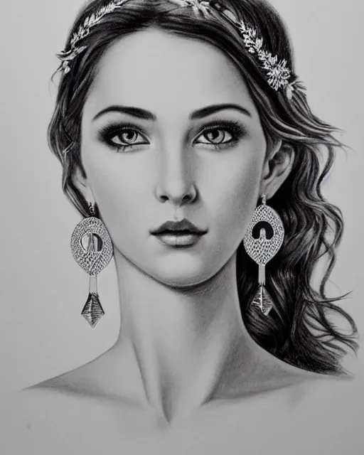 Image similar to pencil drawing of a beautiful greek goddess aphrodite wearing a laurel wreath and arrowhead earrings, beautiful confident eyes, beautiful flowing hair, hyper realistic face, in the style of artgerm, fantasy, amazing detail, epic, elegant, smooth, sharp focus, from the front, long shot