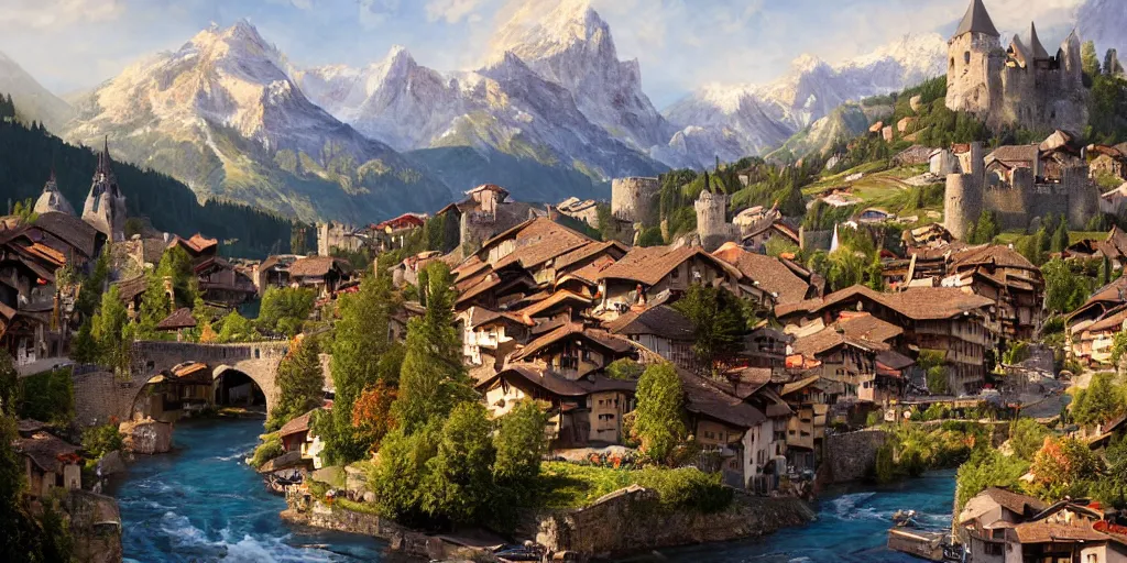 Prompt: view of medieval walled city nestled in a mountain with small river flowing through center, large castle high up in a mountain peak in the background, alpine architecture, half - timbered, chalet, soft colors, cozy, very beautiful, intricate, majestic, concept art, artgerm, james gurney, trending on art station