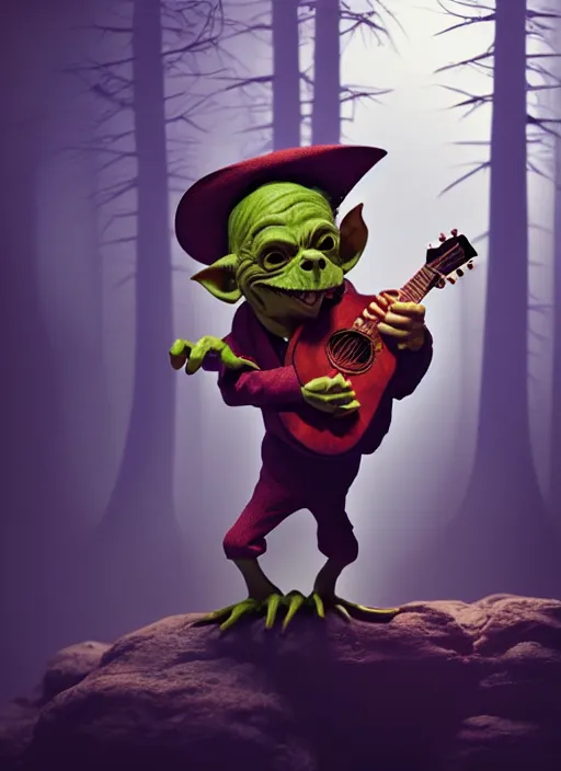 Image similar to a cute sharply dressed goblin playing the blues on an old acoustic guitar, in the style of boris valejo and terry gilliam, fantastic, dramatic lighting, smoke, mist, forest, hyperrealistic, photorealistic, accurate, detailed, octane render