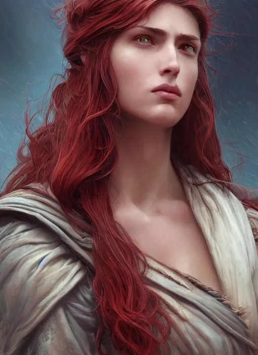 Image similar to vertical portrait of a ruggedly handsome female cleric, soft hair, close - up face, leather, witchy, d & d, fantasy, intricate, elegant, highly detailed, digital painting, artstation, concept art, smooth, sharp focus, illustration, art by artgerm and greg rutkowski and alphonse mucha, plain red background