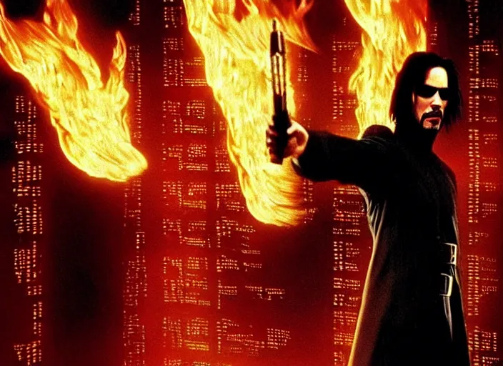 Image similar to A photo of Keanu Reeves as Neo in The Matrix movie doing a thumb up to the camera in front on burning servers, servers in flames in the background, doing a thumb up, The Matrix servers on fire, uncropped, full body, crispy, symmetrical face, ultra detailed, cinematic