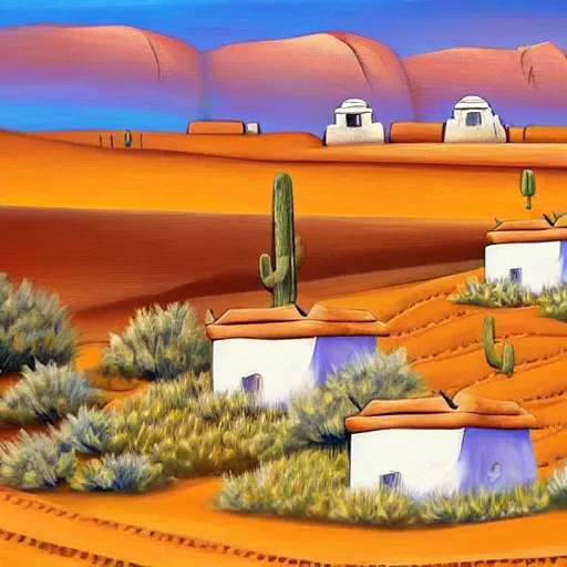 Image similar to a beautiful painting of a village in the desert, white houses, two suns, star wars style