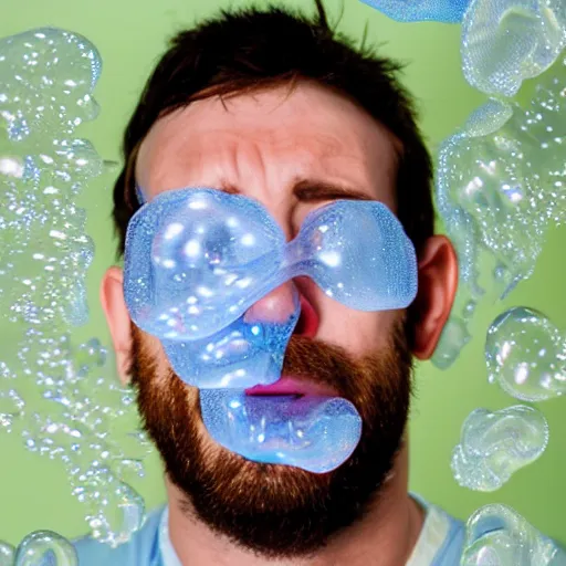 Prompt: portrait of a man who's face is made of bubble wrap plastic, he looks terrified