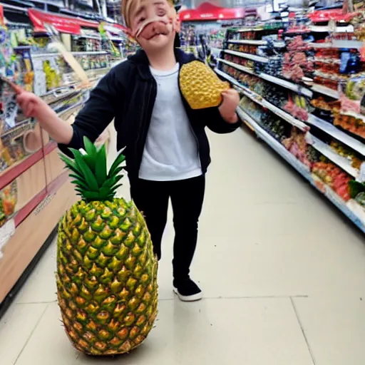 Prompt: realistic photo of rowan aktinson stealing a pineapple from target