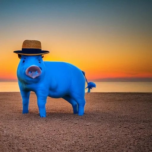 Image similar to a pig wearing a straw hat at blue hour, twilight, cool, award winning 4 k photo