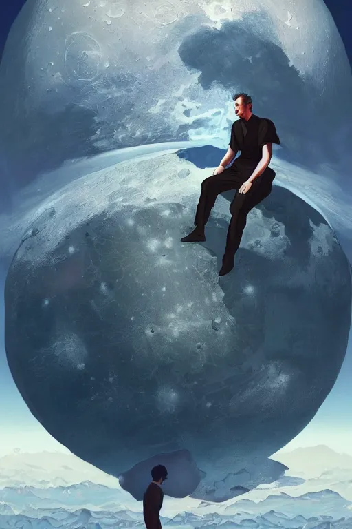 Image similar to Man sitting on the moon with a view of the earth in the background, elegant, digital painting, highly detailed, artstation, concept art, smooth, sharp focus, illustration, art by artgerm and greg rutkowski.