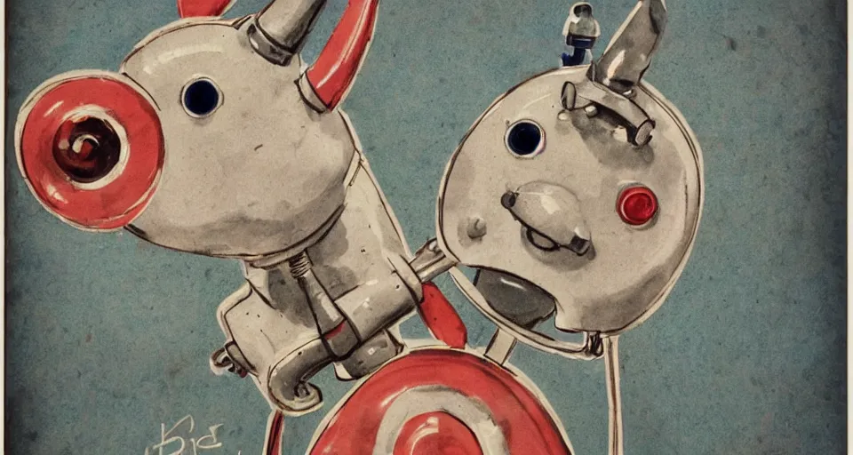 Image similar to a cute retro robot dog. alcohol inks on parchment, muted colors, detailed, textured parchment background, 1 9 5 0 s concept art