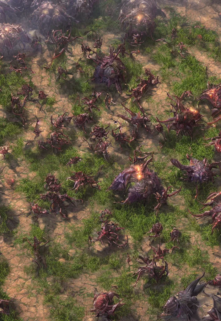 Image similar to zerg base with units zerglings ultralisk roach, realistic, soft natural volumetric lighting, beautifully detailed 4 k octane render, 4 k post processing 8 k