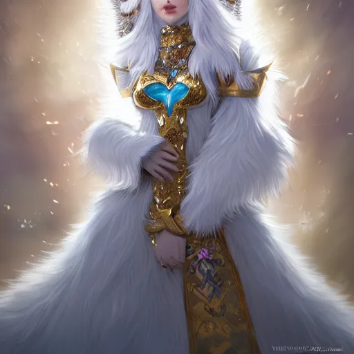 Prompt: commissioned full body portrait of a female anthro furry wolf princess fursona with a feminine wolf head with white hair wearing a white and gold armored dress in a white and gold palace, by Wlop and jerry park, artstation, extremely detailed