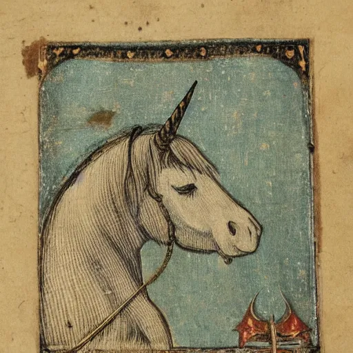 Image similar to unicorn portrait as a medieval gravure