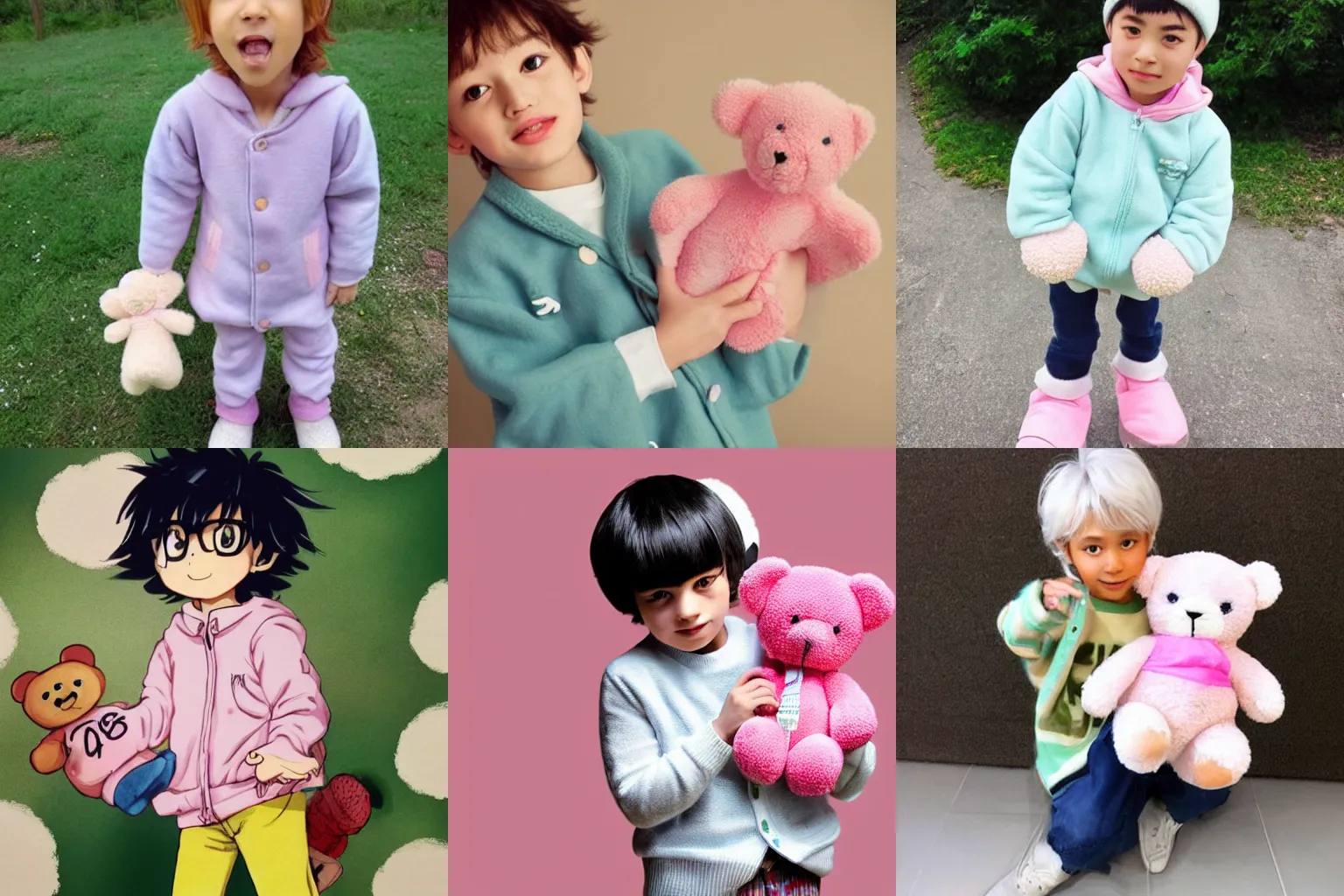 Prompt: a cute young male child dressed in oversized clothing and pastel colors holding a teddy bear. Style by Horikoshi