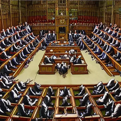 Prompt: a realistic painting of the british house of commons filled with chimpanzees arguing