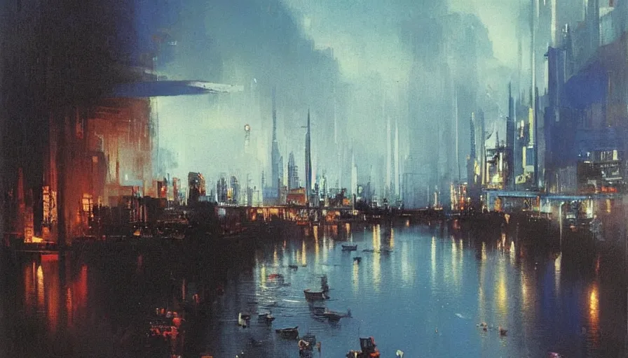 Prompt: river of blue river, intricate detailed painting, cityscape, john harris