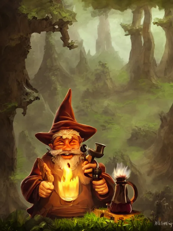 Prompt: evil alchemist gnome, brown tuffle coat, evil smile, flasks in hands, giving flasks to other gnomes, dnd, forest background, matte painting, by midjourney