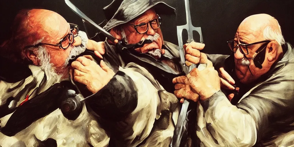 Image similar to wilford brimley fighting danny devito to the death with medieval weapons diabeetus high fidelity painting high resolution trending on artstation