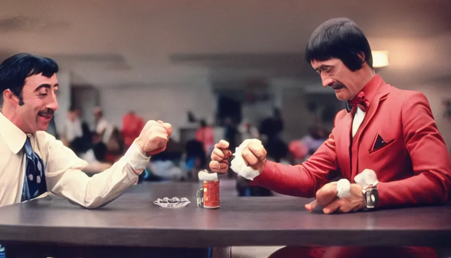 Image similar to 7 0 s movie still of peewee herman arm wrestling hulk hogan, cinestill 8 0 0 t _ 3 5 mm eastmancolor, heavy grain, high quality, high detail