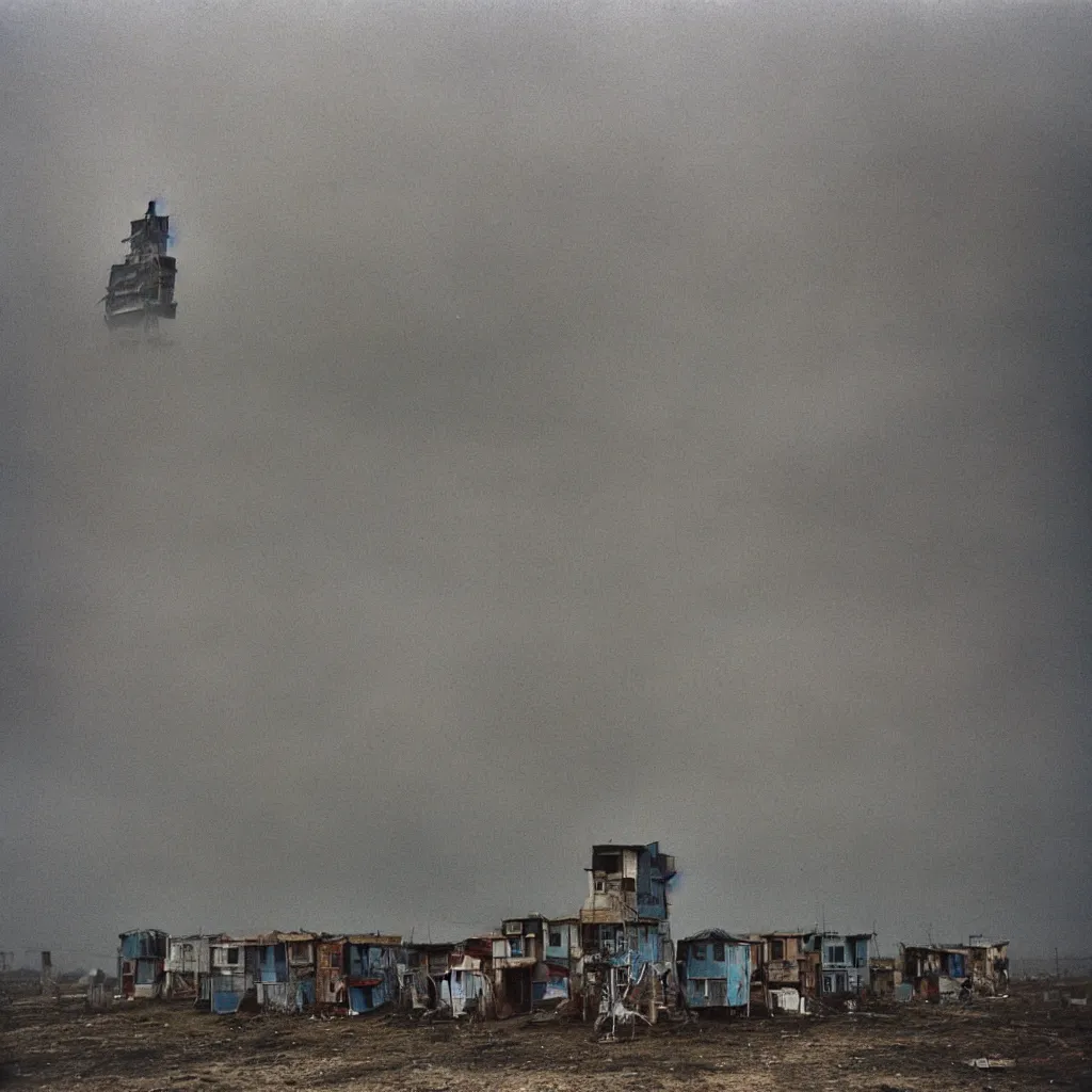 Image similar to close - up view of a tower made up of makeshift squatter shacks with faded colours, moody cloudy sky, uneven fog, dystopia, mamiya, fully frontal view, very detailed, photographed by bruno barbey