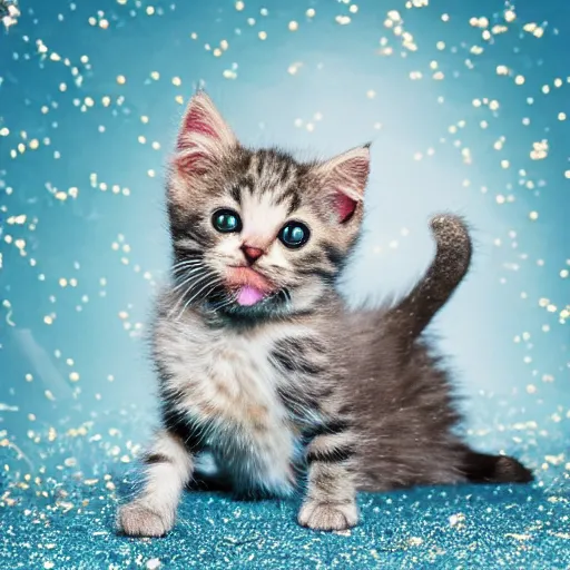 Image similar to kitten bathing itself with a glitter explosion, 8k,award winning photo