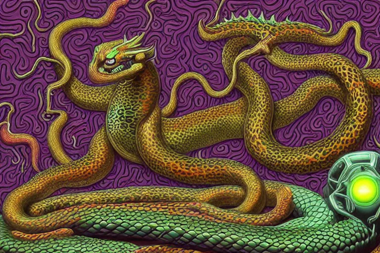 Image similar to a detailed digital art painting of a cyberpunk magick oni dragon with occult futuristic effigy of a beautiful field of mushrooms that is a adorable leopard atomic latent snakes in between ferret biomorphic molecular hallucinations in the style of escher, alex grey, stephen gammell inspired by realism, symbolism, magical realism and dark fantasy, crisp,