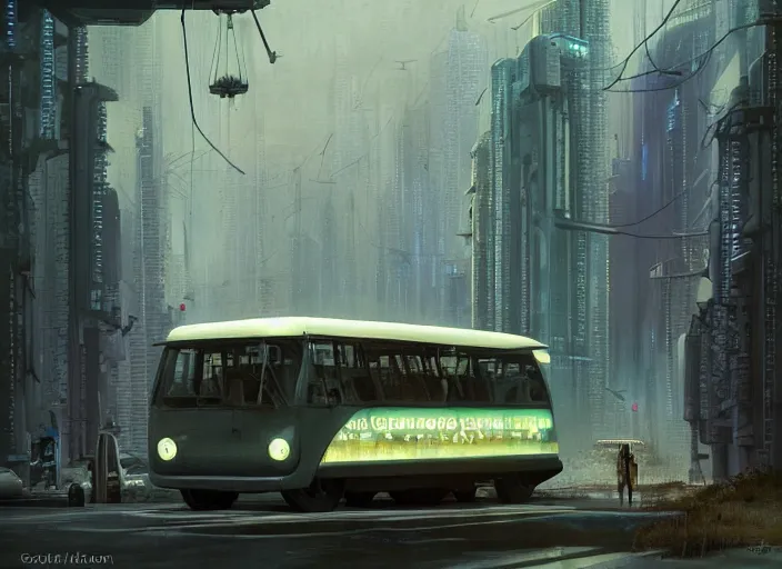 Prompt: a car bus driving down a street next to tall Forest-1 the night, cyberpunk art by Chesley Bonestell, cgsociety, retrofuturism, matte painting, reimagined by industrial light and magic