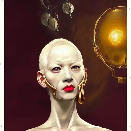 Prompt: closeup portrait of albino mandarin with thin, stained lips and smoking hole in porcelain head standing under rococo lamp on rooftop overlooking the city, science fiction concept art by j. c. leyendecker, brom, greg rutkowski, beksinski, stephen gammell, deak ferrand, anato finnstark, yoshitaka amano, and rembrandt