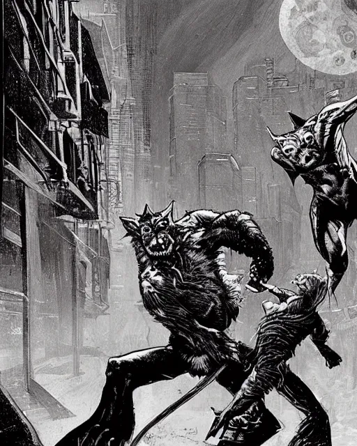 Prompt: a single werewolf fighting a single vampire in a dark brisbane alley, hd concept art by ron spencer and jean giraud and ralph macquarrie.