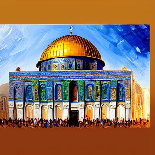 Image similar to a beautiful oil painting flyer design illustration of dome of the rock jerusalem hands hugging it, intricate, elegant, highly detailed, digital painting, artstation, concept art, smooth, sharp focus, illustration