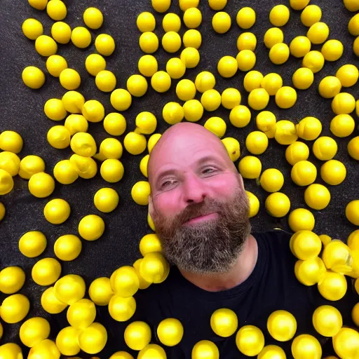 Image similar to a man with a beard in only one side looking at the camera, under a ball pool of yellow and white balls.