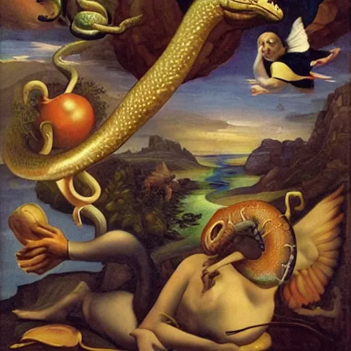 Prompt: surrealism renaissance painting of a flying snake god