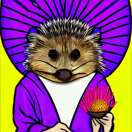 Image similar to adorable hedgehog in a kimono, holding a purple dandelion, art, digital art