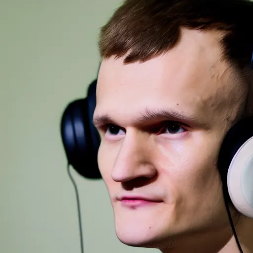 Prompt: vitalik buterin in headphones looking at camera. 8 5 mm, medium shot