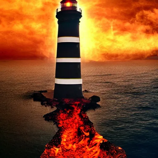 Image similar to a lighthouse in hell. 4 k dannated people. fire. light. cinematic. rule of thirds. realistic.