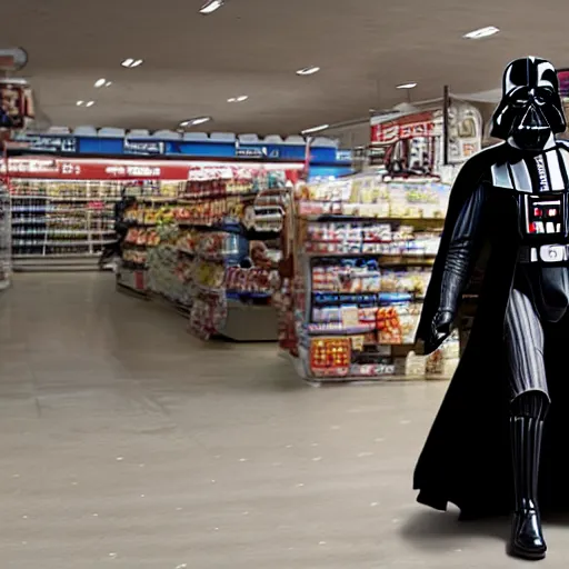 Image similar to A still of a Darth Vader shopping for groceries, 4k, photograph, photoreal, ultra realistic, highly detailed, professional lighting