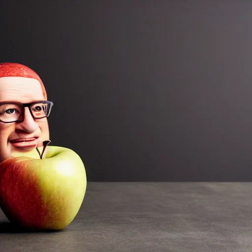 Prompt: an apple that looks like tim cook. professional food photography. talking with an open mouth. wearing tim cook glasses.