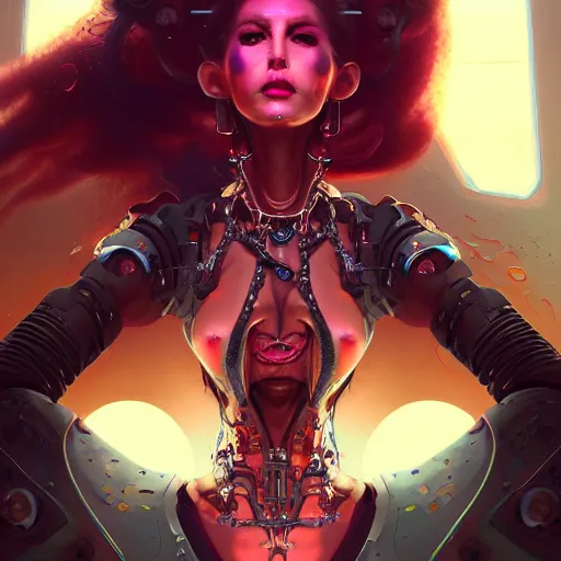 Image similar to a portrait of a nubile cybernetic duchess of hell, cyberpunk concept art by pete mohrbacher and wlop and artgerm and josan gonzales and jean claude meziere and syd mead and moebius, trending on artstation, unreal engine, highly detailed, intricate, sharp focus, digital art, 8 k