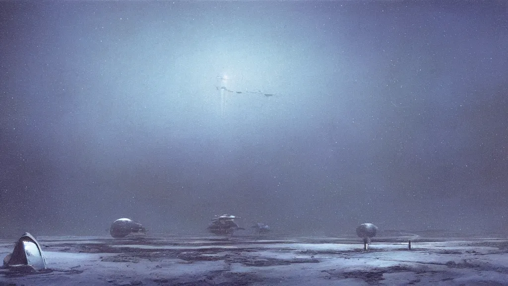 Image similar to emissary space by arthur haas and bruce pennington and john schoenherr, cinematic matte painting, photo realism, dark color palate, blue hour light snow