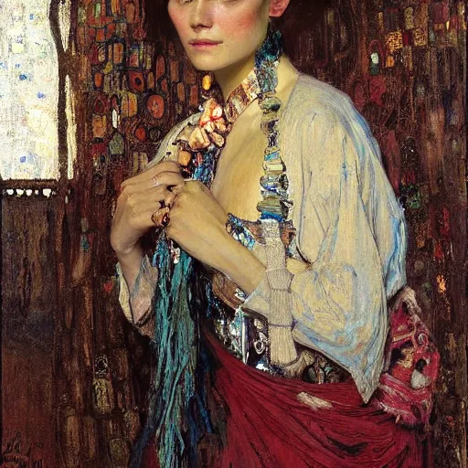 Image similar to Richard Schmid and Jeremy Lipking and Gustav Klimt portrait painting of a young beautiful woman priestess victorian orientalist in elaborate costume