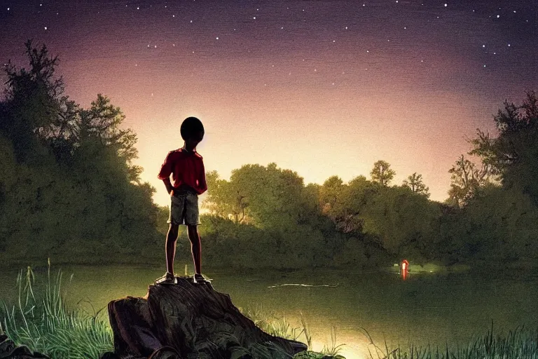 Prompt: a scenic view of a black boy in the middle of a magical forest with glow-worm lights near a lake, detailed, cinematic, dramatic scene, retro illustration in the style of Norman Rockwell.