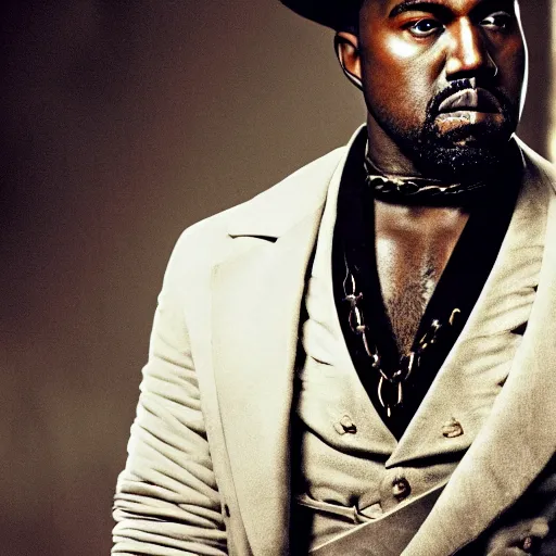 Prompt: Portrait of Kanye West as Django in 'Django Unchained', splash art, movie still, cinematic lighting, detailed face, dramatic, octane render, long lens, shallow depth of field, bokeh, anamorphic lens flare, 8k, hyper detailed, 35mm film grain